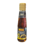 Bottle of Lee Kum Kee Black Sesame Oil, a grocery product with a dark amber liquid in a clear plastic bottle.