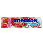 Mentos Incredible Strawberry chewy candies in colorful packaging, showcasing vibrant red strawberry flavor and soft texture.