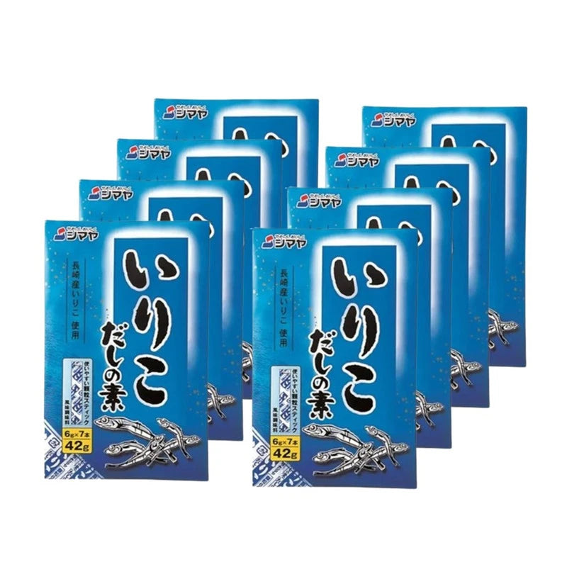 SHIMAYA Iriko Dashi No Moto Nagasaki sardine granule with boiled sardine powder and extract, 42g per bag, 8-pack.