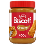 Creamy Lotus Biscoff Spread jar with label showing Lotus Biscoff branding, smooth texture visible in the image.