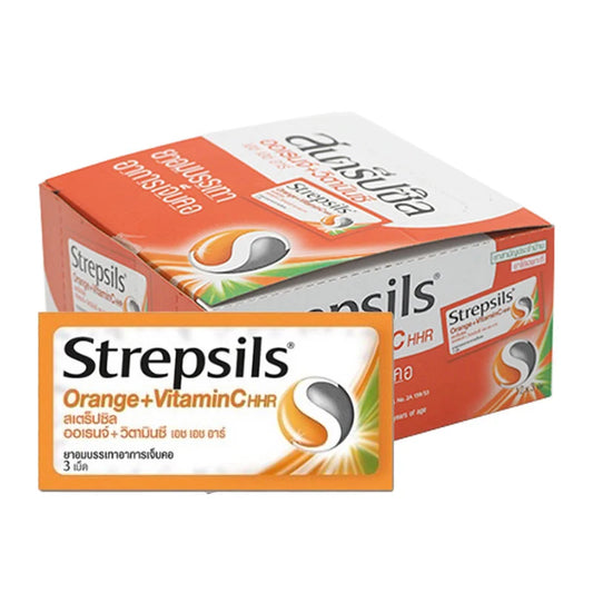 Strepsils Orange Lozenges with Vitamin C, 3-pack, showing orange-flavored lozenges in blister packs