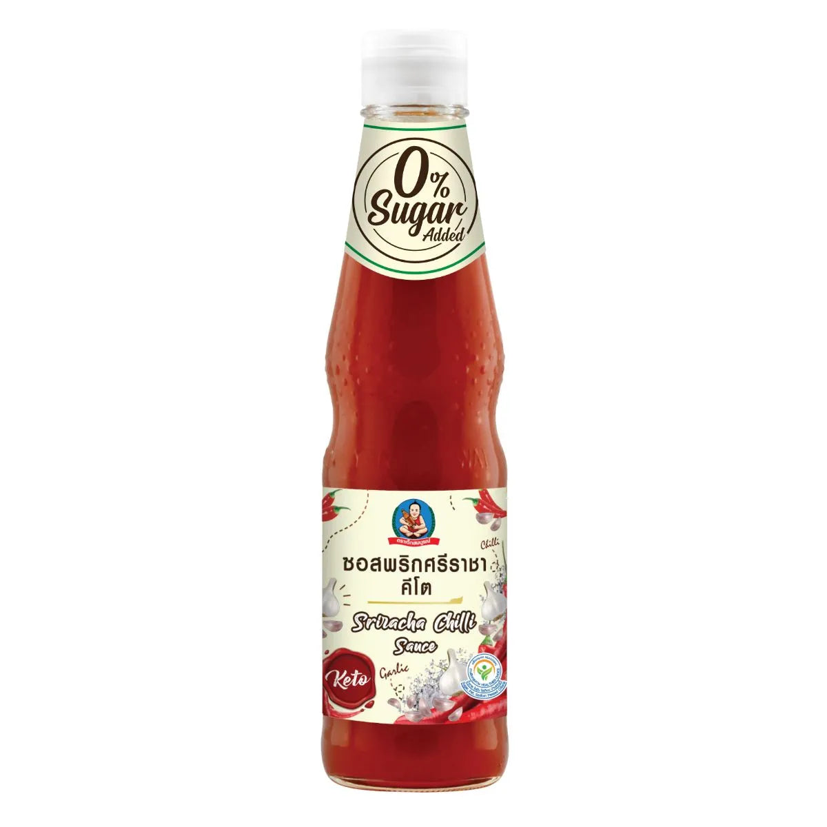 DEKSOMBOON Keto Sriracha Chili Sauce in 320g bottle, featuring bright red chili sauce with a smooth consistency and spicy flavor