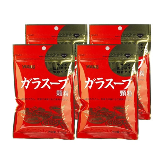 YOUKI chicken soup stock granules with chicken and beef extracts in a 100g sachet, Japanese-made, shown in the image.