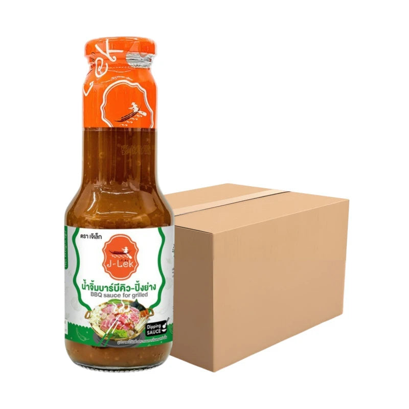 J-LEK barbecue dipping sauce for grilling in 340g bottles, shown in a pack of 12 bottles with labels and sauce bottles on a table.