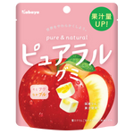 Kabaya Pureral Apple confectionery snack showing colorful apple-shaped candies in a clear bowl.