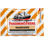 Fisherman's Friend Spicy Mandarin confectionery snacks in a bright package with spicy mandarin candies inside.