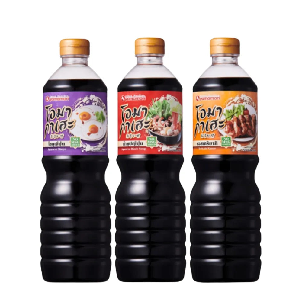 OMAKASE Japanese Shoyu soup and teriyaki seasoning sauce in a 1-liter bottle, showcasing the dark soy sauce inside.