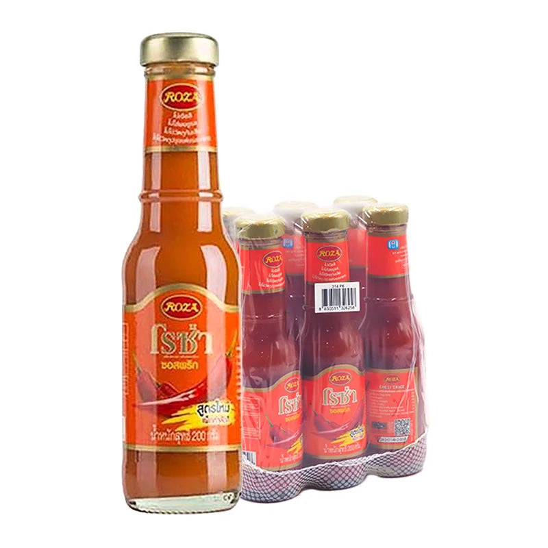 Six bottles of ROZA Chili Sauce, 200g each, featuring vibrant red chili peppers and the ROZA brand label.