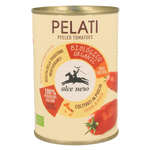 Organic whole peeled tomatoes by Alce Nero in a glass jar, ready for cooking or sauces.