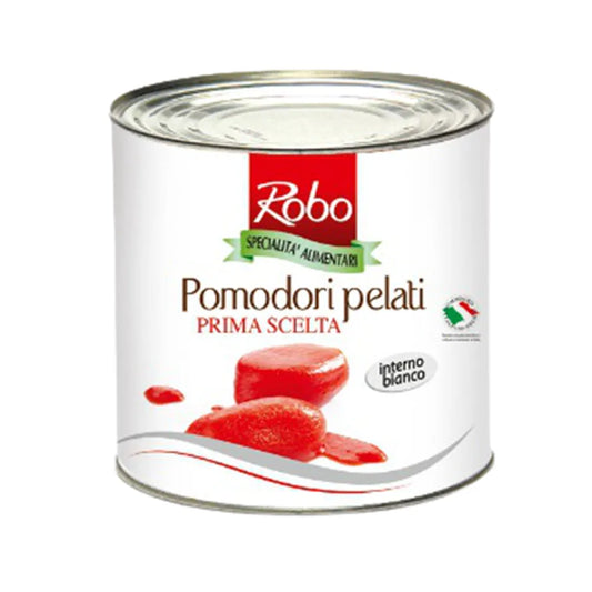 ROBO Whole Peeled Tomatoes 2.5 Kg in a clear container, showcasing ripe, peeled tomatoes ready for cooking or recipes.