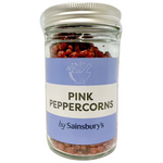 Sainsbury's pink peppercorns in a clear jar, showing vibrant pink peppercorns ready for seasoning or cooking.