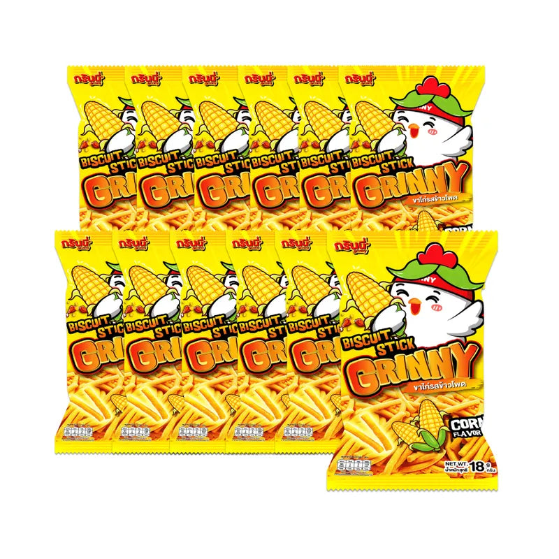 GRINNY Biscuit Stick with Corn Flavor, 18g each, pack of 12, showing crispy snack sticks in a colorful package