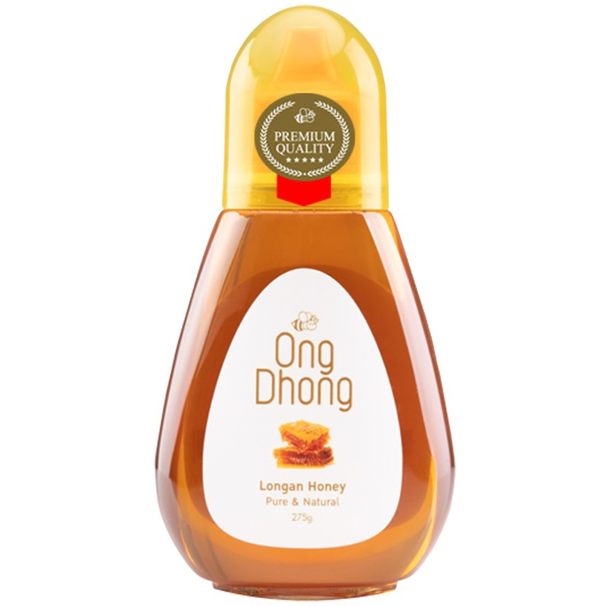 Jar of Ong Dhong Longan Honey with a golden amber color, labeled as grocery product from Ong Dhong brand.
