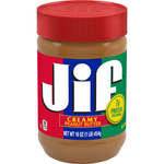 Creamy Jif Peanut Butter jar from the grocery aisle, featuring a smooth texture and classic Jif branding on the label.