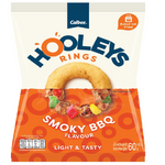 Calbee Hooleys Rings Smoky Barbecue Flavour, crunchy snack rings with smoky barbecue seasoning, shown in a close-up image.