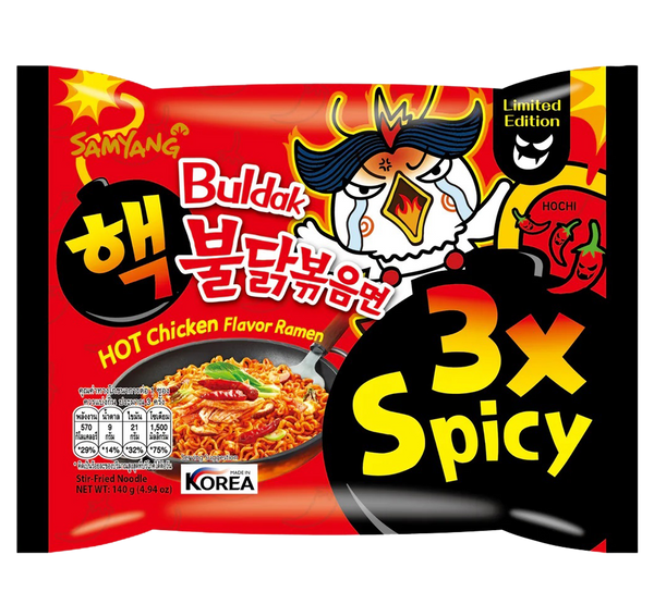 Spicy Samyang Buldak Hot Chicken 3x Spicy Ramen package with fiery noodles and flavor sauce for instant Korean-style hot chicken ramen