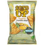 Corn Up Cheese and Juicy Jalapenos confectionery snack in a colorful bag with cheese and jalapeno illustrations.