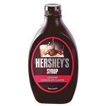 Hershey's chocolate syrup bottle from the grocery store, showing the classic Hershey's label and dark brown syrup inside.