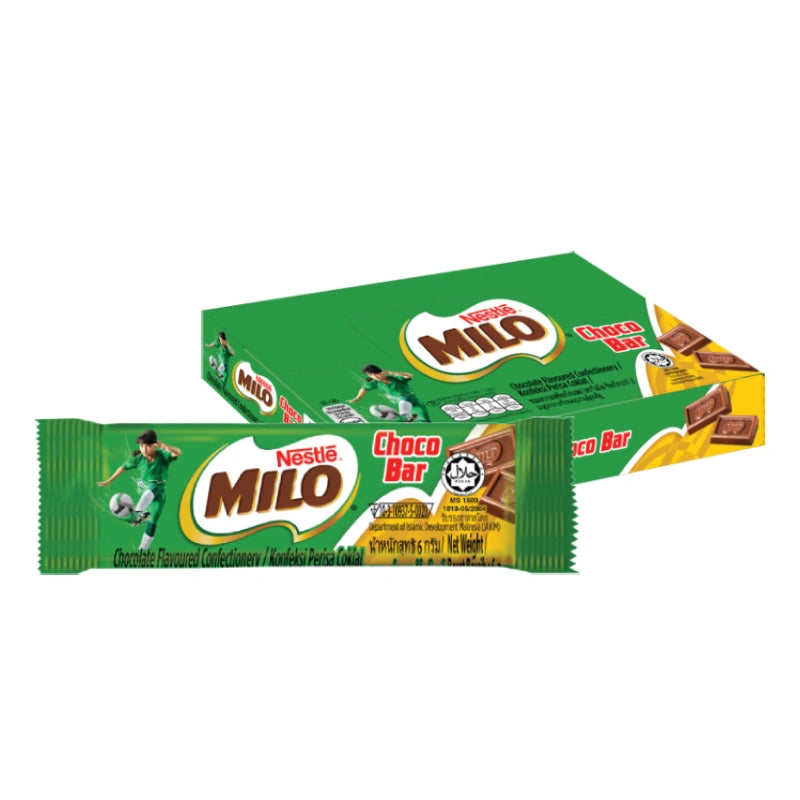 MILO Chocolate Bar 6g, pack of 24, showing individual chocolate bars with MILO branding and cocoa-rich appearance