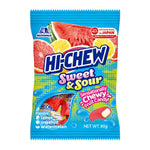 Morinaga Hi Chew Sweet and Sour confectionery snacks with colorful fruit-flavored chewy candies in a clear bag.