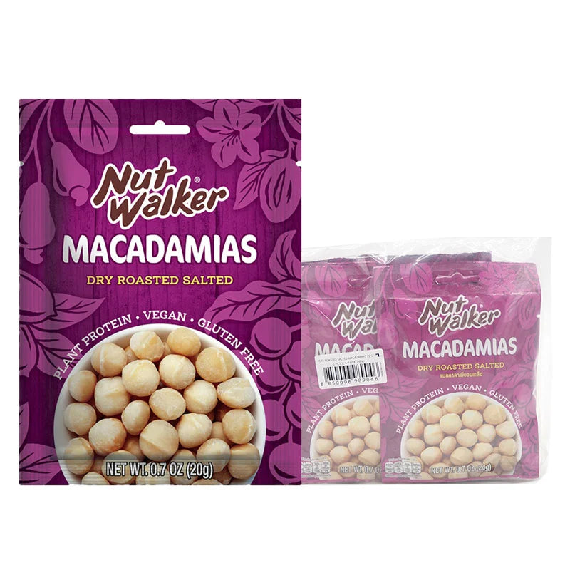Six packs of NUT WALKER Dry Roasted Salted Macadamias in 20g portions, showing the roasted and salted macadamia nuts.