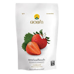 Doi Kham dried strawberry snack in a clear package, showcasing vibrant red dried strawberries as a confectionery treat.