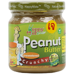 Crunchy unsweetened peanut butter jar by Happy Mate, showing the label and nutty texture in a grocery product image.