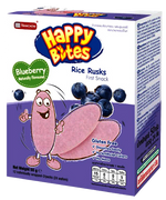 Namchow Happy Bites Blueberry Rice Rusks in a healthy snack package, showing the golden rice rusks and blueberry flavor branding.