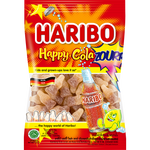 Colorful Haribo Happy Sour Cola confectionery snacks in a clear bag, featuring sour cola-flavored gummy candies.