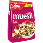 Sante Fruit Muesli in a bowl, showing mixed dried fruits and oats, colorful and healthy breakfast cereal from Sante brand.