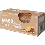 Annas Original Almond Thins in a clear bowl, showcasing crispy almond-flavored confectionery snacks with sliced almonds on top.