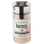 Kurera Himalayan Pink Salt fine grain in a clear container, showing pink crystalline salt for cooking and seasoning.