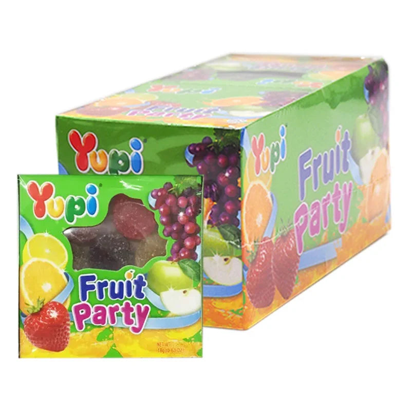 Assorted YUPI Gummy Fruit Party Candy in 18g packs, showing colorful gummy candies shaped like fruits in a clear bag.
