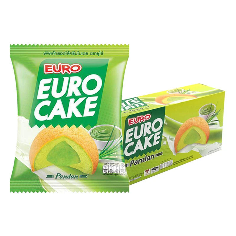 EURO Pandan Cake 17g snack, 12-pack, featuring green pandan-flavored sponge cake with a soft, moist texture and pandan aroma.