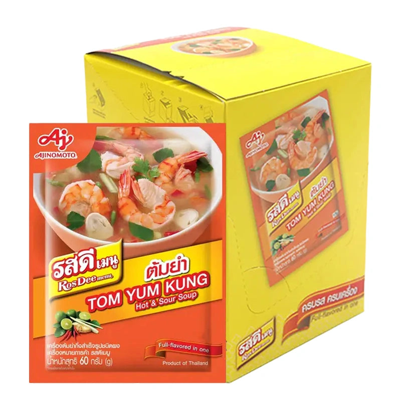 Rosdee Tom Yum Seasoning Mix 60 g with 10 sachets, showing the colorful packaging and individual seasoning sachets.