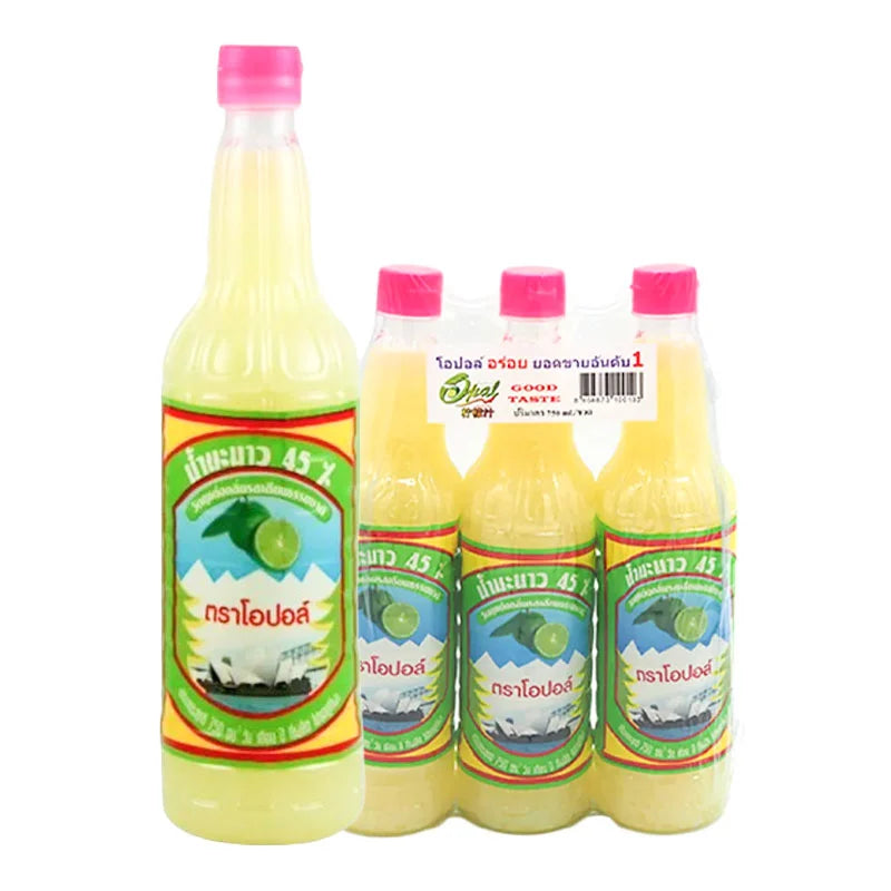 OPAL Lemon Juice 45% in 750 ml bottles, three-pack, with bright yellow lemon images and clear packaging.