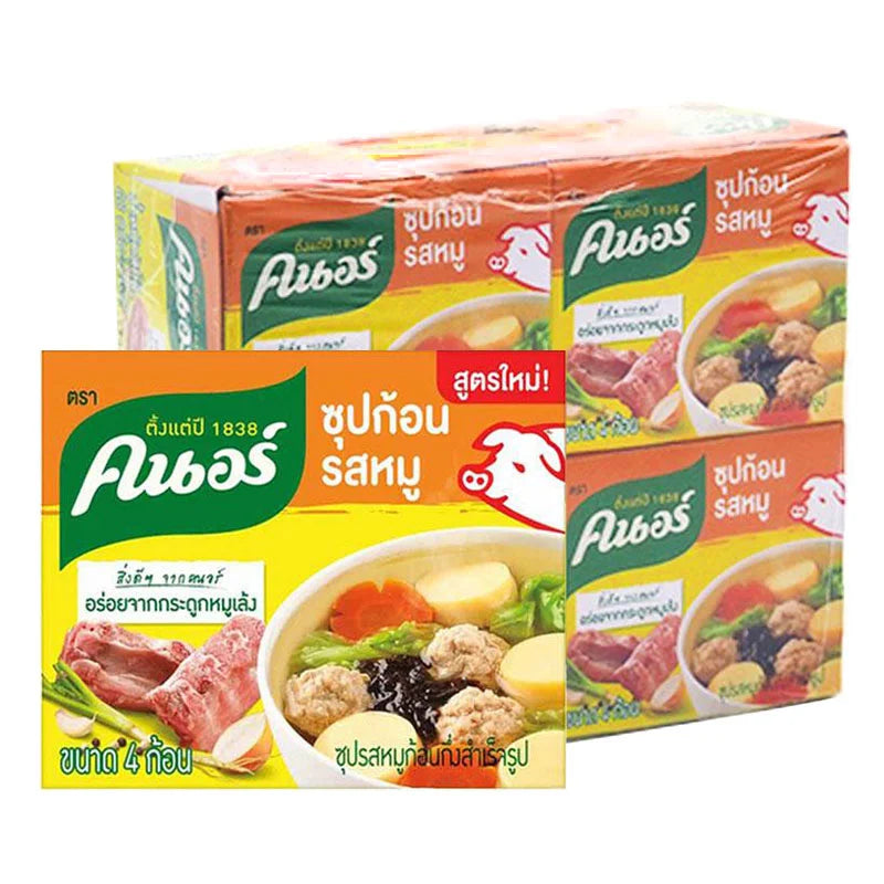 KNORR Pork Bouillon Cube 40g pack, showing multiple cubes in a clear image, ideal for flavorful pork broth or stew.
