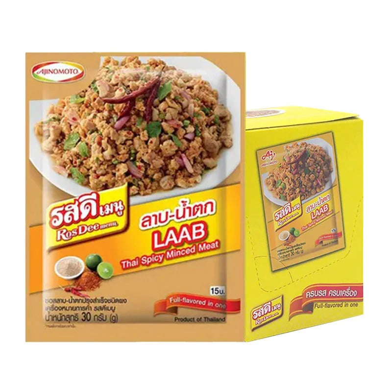 Rosdee Menu Laab Namtok seasoning packets, 30g x 10, with vibrant label and product details on packaging.
