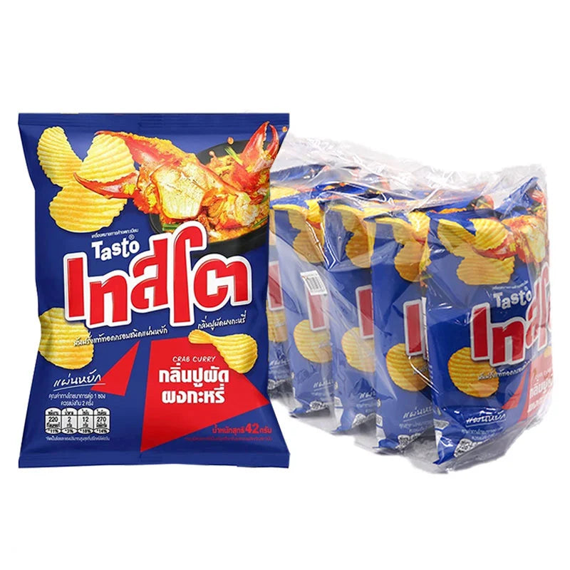 TASTO Potato Rock Chips Crab Curry flavor, 42g bag, showing crispy chips with crab curry seasoning in a colorful package.