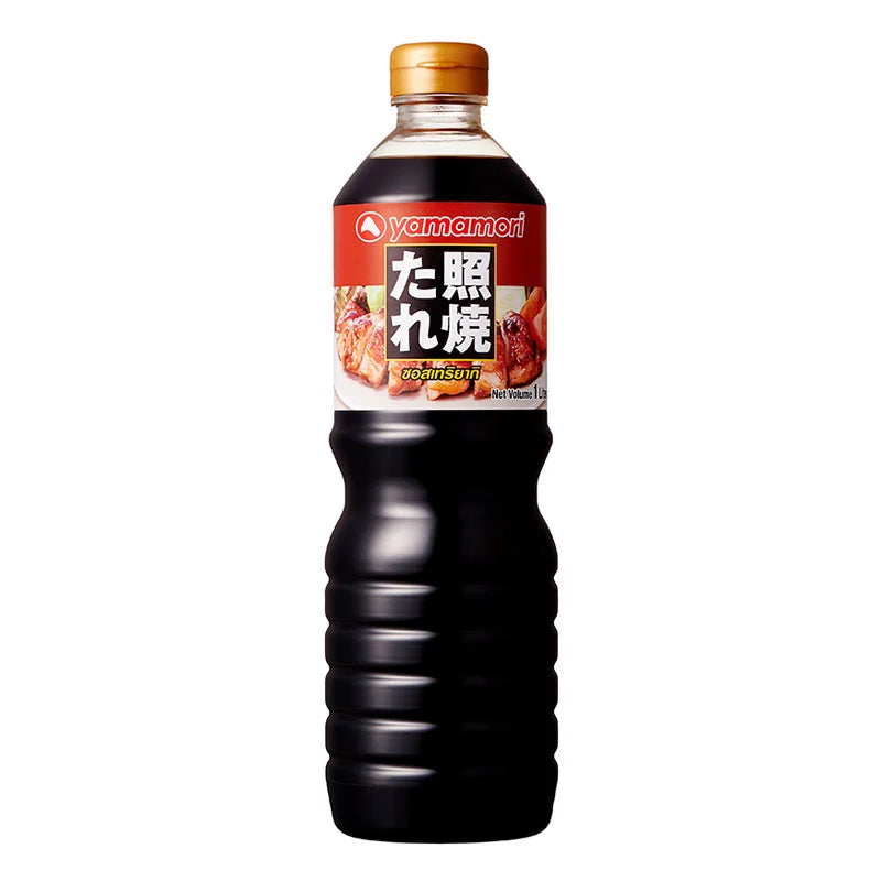 YAMAMORI Teriyaki Sauce 1L bottle with label, showcasing rich, dark Japanese-style teriyaki sauce in a clear plastic bottle.