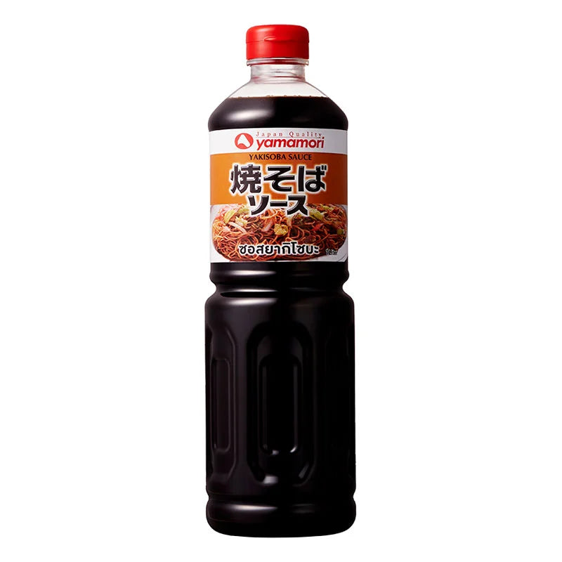 YAMAMORI Yakisoba Sauce 1L bottle, Japanese stir-fry sauce with rich flavor, shown in a clear plastic bottle with label details.