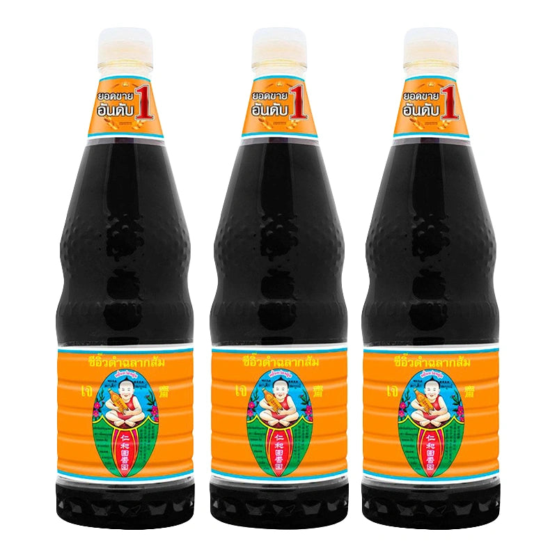 Three bottles of DEK SOM BOON Dark Soy Sauce Orange, 1.35L each, with dark brown soy sauce visible in transparent bottles.
