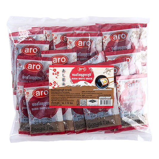 Aro Sushi Soy Sauce 7 mL bottles, 50-pack, with small soy sauce bottles featuring Aro branding for sushi dipping.