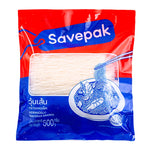 Savepak Mung Bean Vermicelli 500g in clear packaging, ready for cooking, shown on a clean white background in this dry grocery product image.