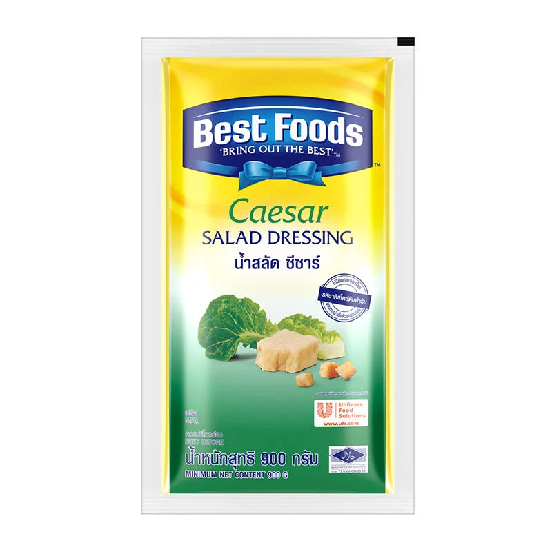 Best Foods Caesar salad dressing bottle, 900g/1000g, with label showing creamy Caesar flavor and brand logo.