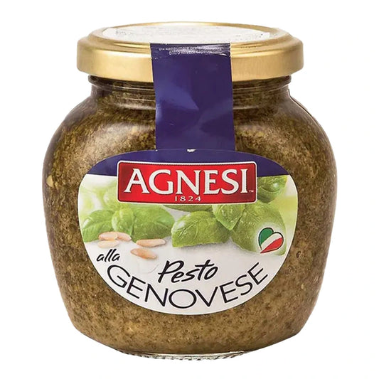 AGNESI Pesto Sauce jar with green basil and garlic, 185g, showing the label and product packaging.