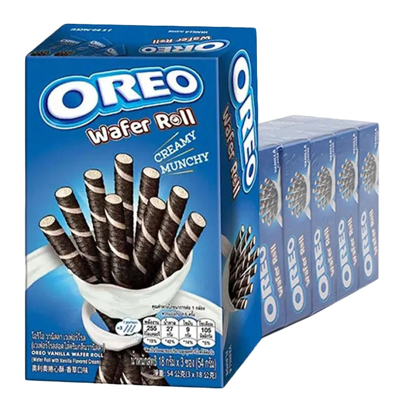 OREO Vanilla Wafer Rolls in a 54g pack, showing crispy vanilla-flavored wafer rolls in a clear snack package.