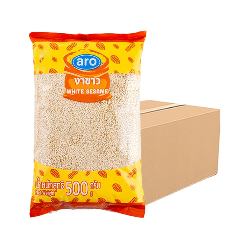 ARO White Sesame 500g pack, natural sesame seeds in a clear bag, ideal for cooking and baking, shown in the product image.