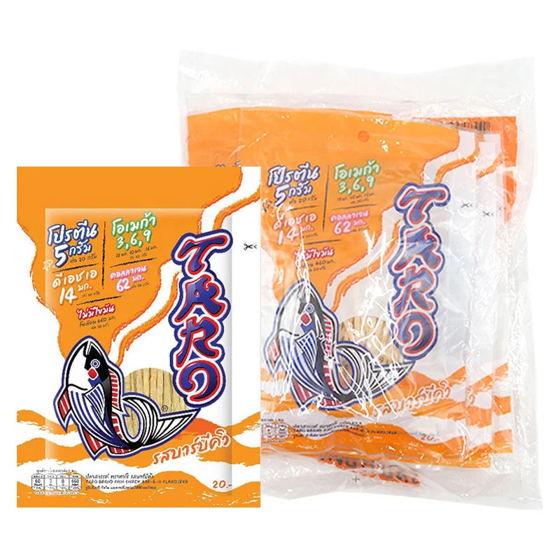 TARO BBQ Fish Snack 20g pack, crispy fish snack with BBQ flavor, displayed in a clear package with multiple packs visible.