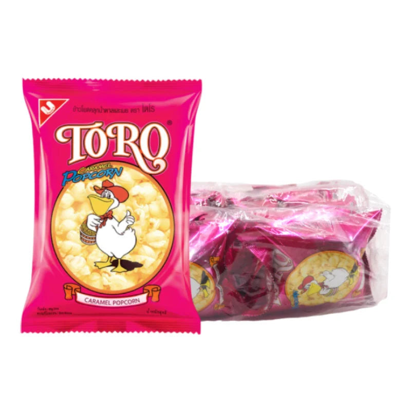 TORO popcorn extrude 20g packet, showing colorful packaging and popcorn product inside, ideal for snack lovers.